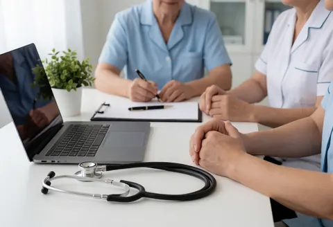 A doctor and nurses in a clean, professional medical office with a white desk, laptop, notebook, and plants.