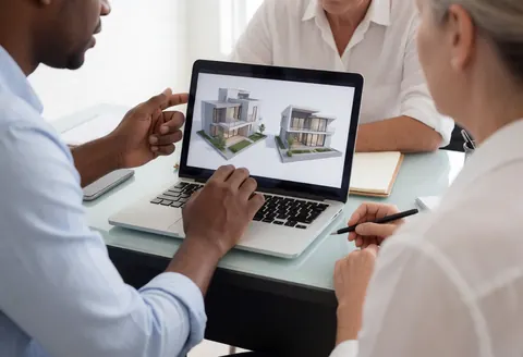 Architect and client reviewing 3D models on a laptop in a modern office with a collaborative atmosphere