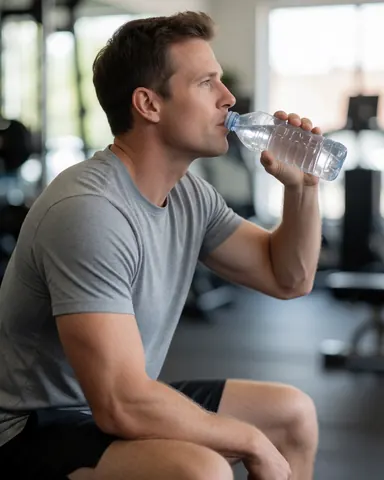 A man drinking water from a bottle while resting at the gym with natural light and a blurred background