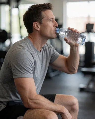 A man drinking water from a bottle while resting at the gym with natural light and a blurred background