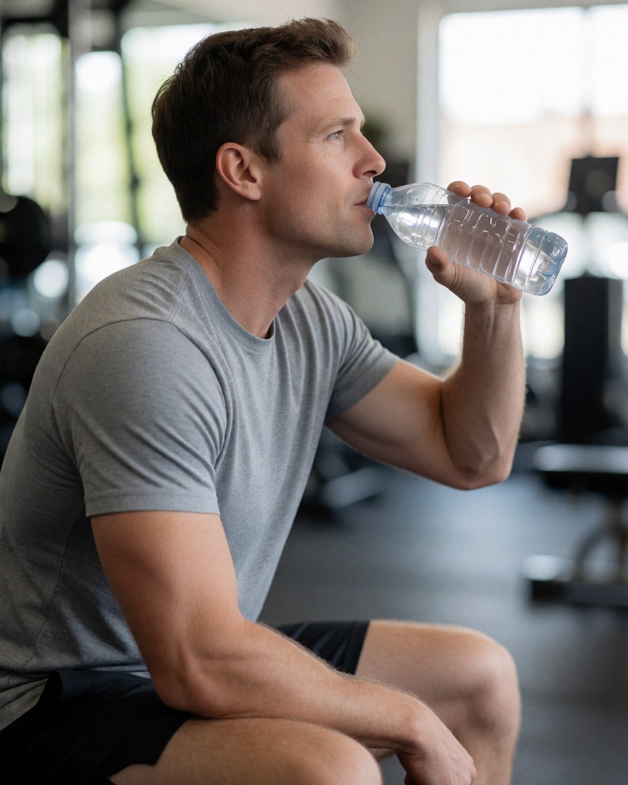 A man drinking water from a bottle while resting at the gym with natural light and a blurred background