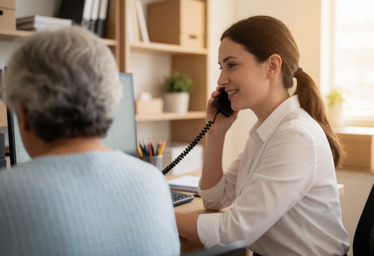 Professional agent helping an older client over the phone in an office with a computer and bookshelf in the background