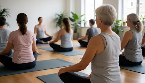 A group of people practicing yoga in a bright, modern studio with large windows and wooden floors