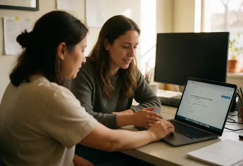 Two professionals collaborating on a laptop during a digital strategy consultation in a modern office with natural light
