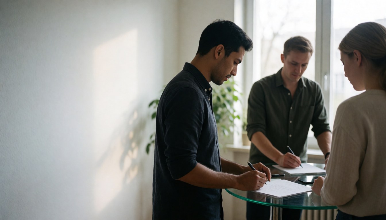 Group of young professionals collaborating on documents at a glass desk in a bright modern office with natural window light