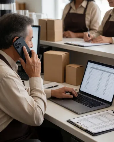 Coffee shop owner in office reviewing inventory on laptop while talking on cell phone with boxes and documents on desk