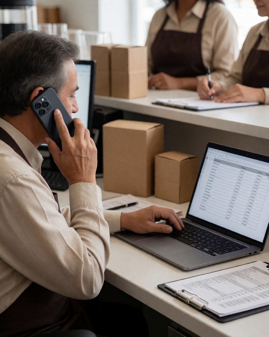 Coffee shop owner in office reviewing inventory on laptop while talking on cell phone with boxes and documents on desk