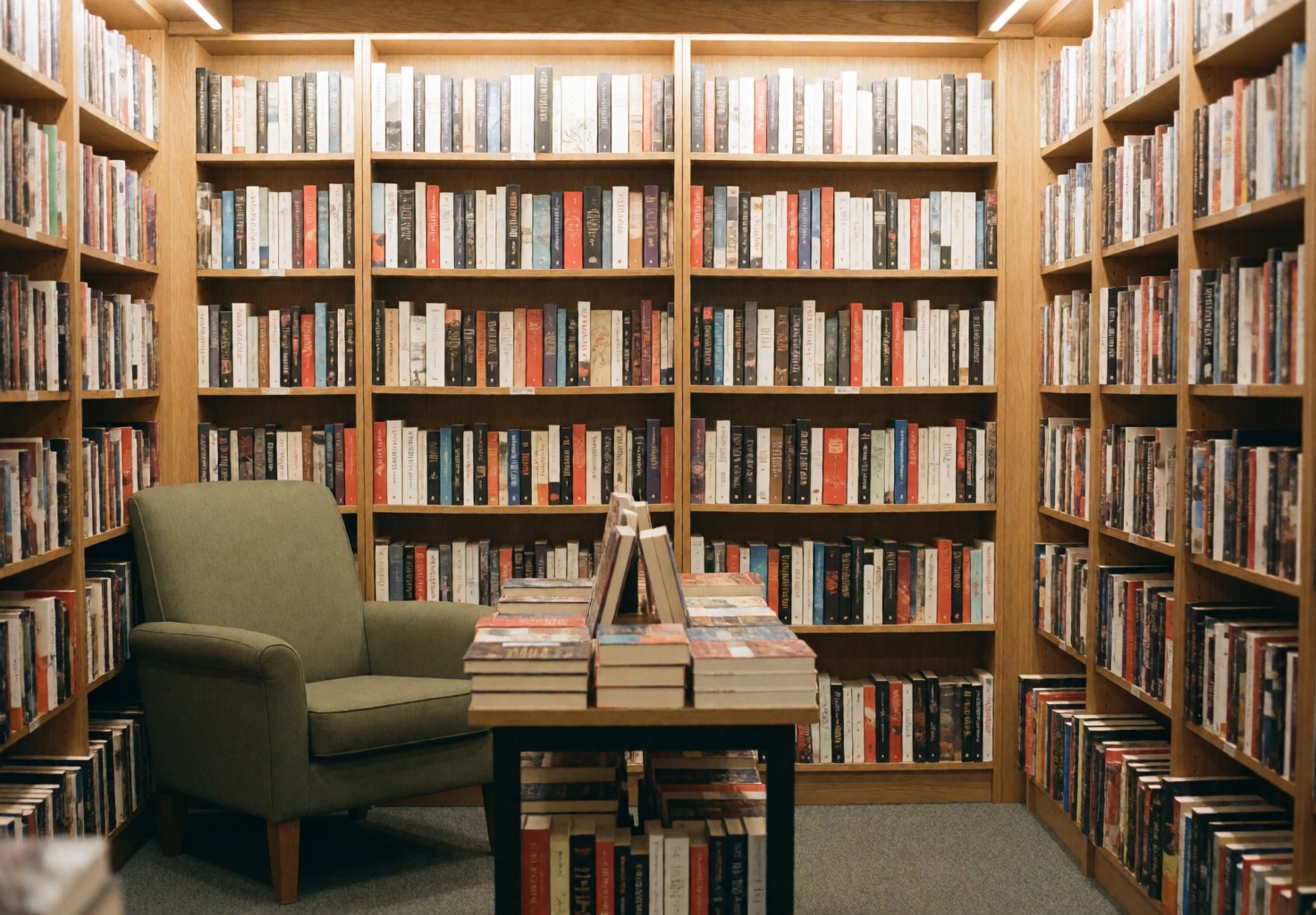 Warm bookstore interior featuring wooden bookshelves filled with books, a green chair, and a table with stacked books.