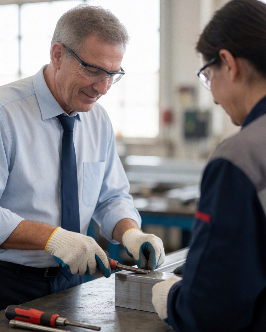Two professionals inspect a metal product in a factory using tools and safety glasses in an industrial environment.