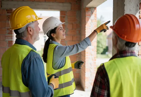 A consultant in a white helmet and yellow vest points at a structure while two men in safety gear accompany her on a bright construction site with brick walls.