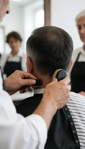 A barber uses a brush to apply finishing touches to a client's hair during a professional haircut service at a barbershop