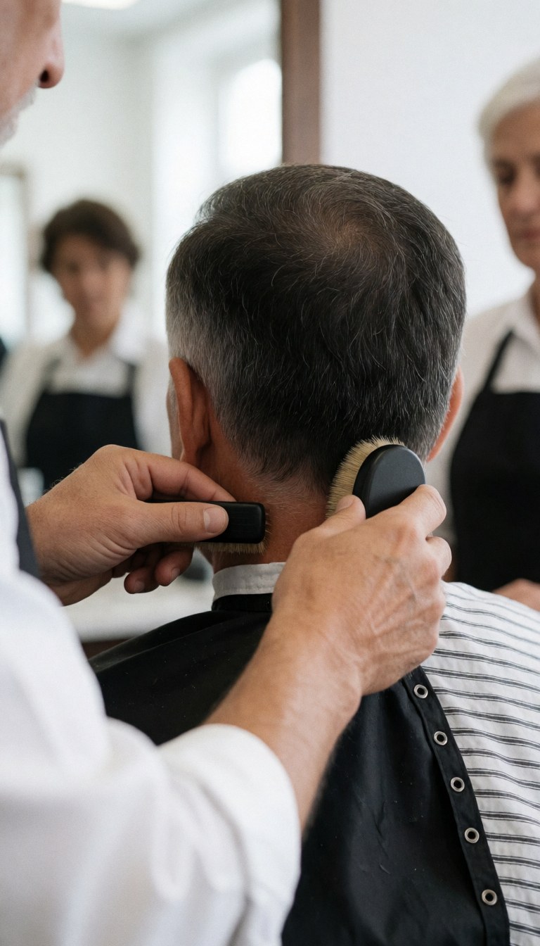 A barber uses a brush to apply finishing touches to a client's hair during a professional haircut service at a barbershop