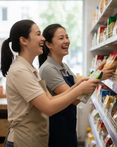 Two smiling women in uniforms arranging products on shelves in a bright minimarket, showcasing teamwork and a positive work environment.