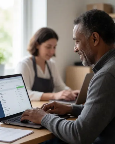 Smiling man working on laptop in bright office with woman in background, relaxed and productive atmosphere