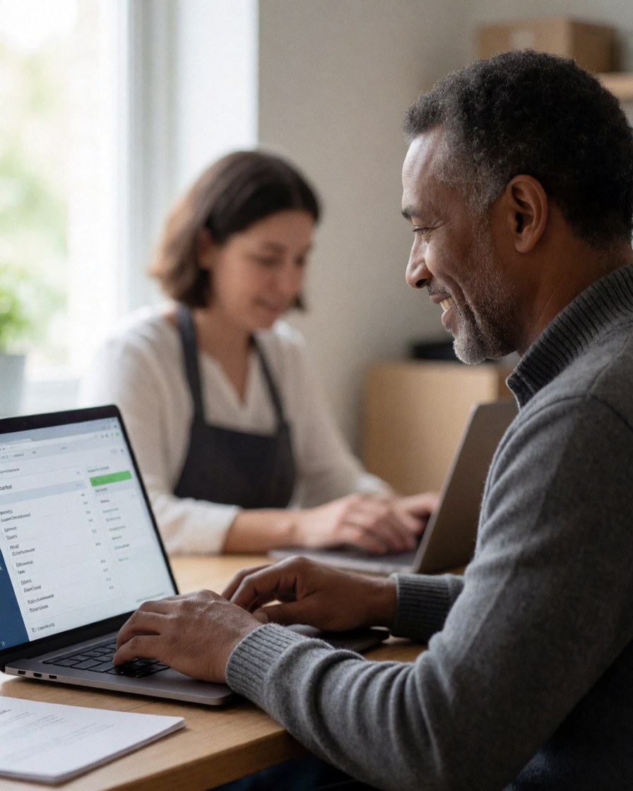 Smiling man working on laptop in bright office with woman in background, relaxed and productive atmosphere