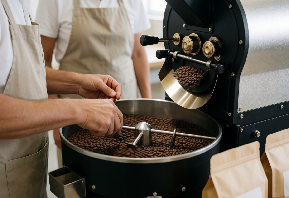 A roaster inspects freshly roasted coffee beans in a cooling chamber with a professional roasting machine and bags ready for packaging.