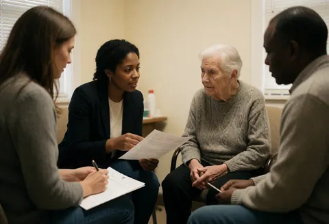 A counselor and an elderly client engage in a private conversation during a personalized consultation at a clinic desk.