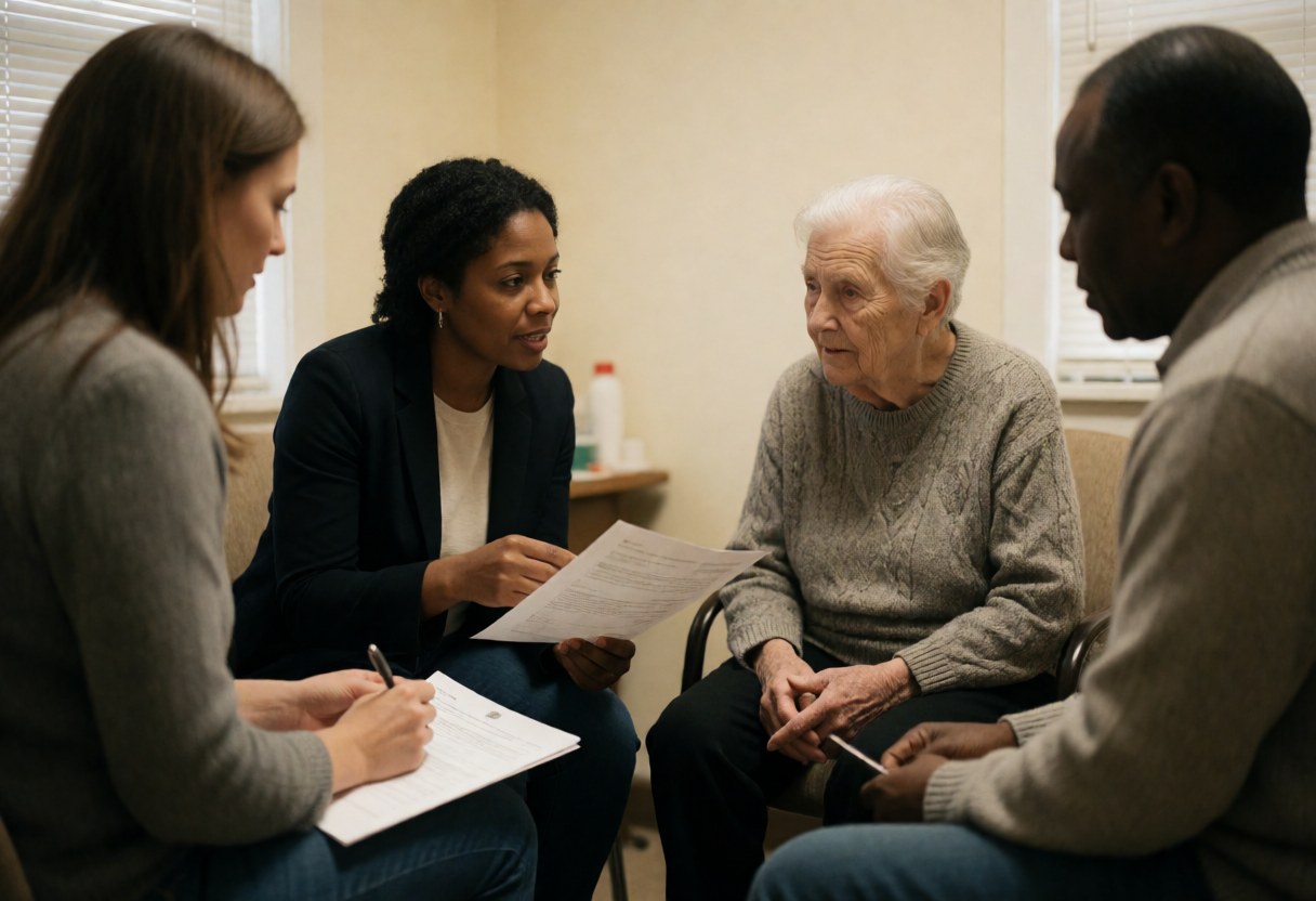 A counselor and an elderly client engage in a private conversation during a personalized consultation at a clinic desk.