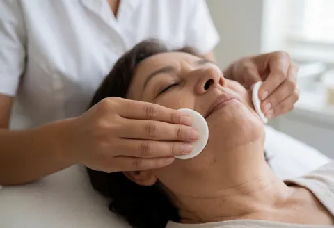 An esthetician cleans a client's face using cotton swabs on a treatment bed. The client rests with eyes closed in a natural light salon setting.