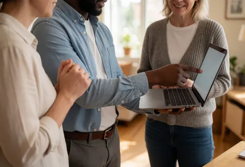A security consultant explains information on a laptop to two clients in a home office with natural light.