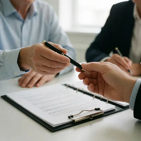 Close-up of a hand holding a pen over documents on an office desk during a professional business meeting