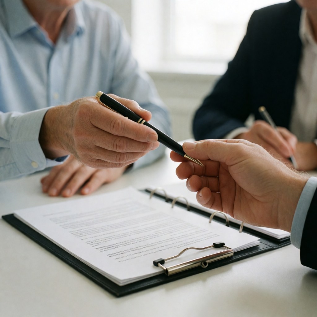 Close-up of a hand holding a pen over documents on an office desk during a professional business meeting