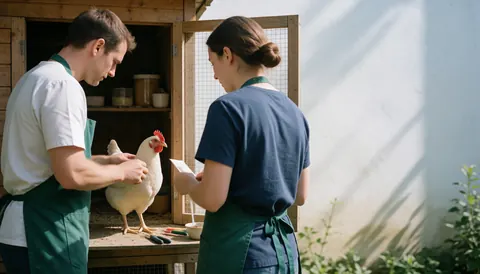 A veterinarian and assistant inspect a hen in a clean, professional outdoor setting with visible veterinary tools.