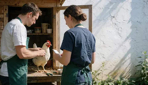 A veterinarian and assistant inspect a hen in a clean, professional outdoor setting with visible veterinary tools.