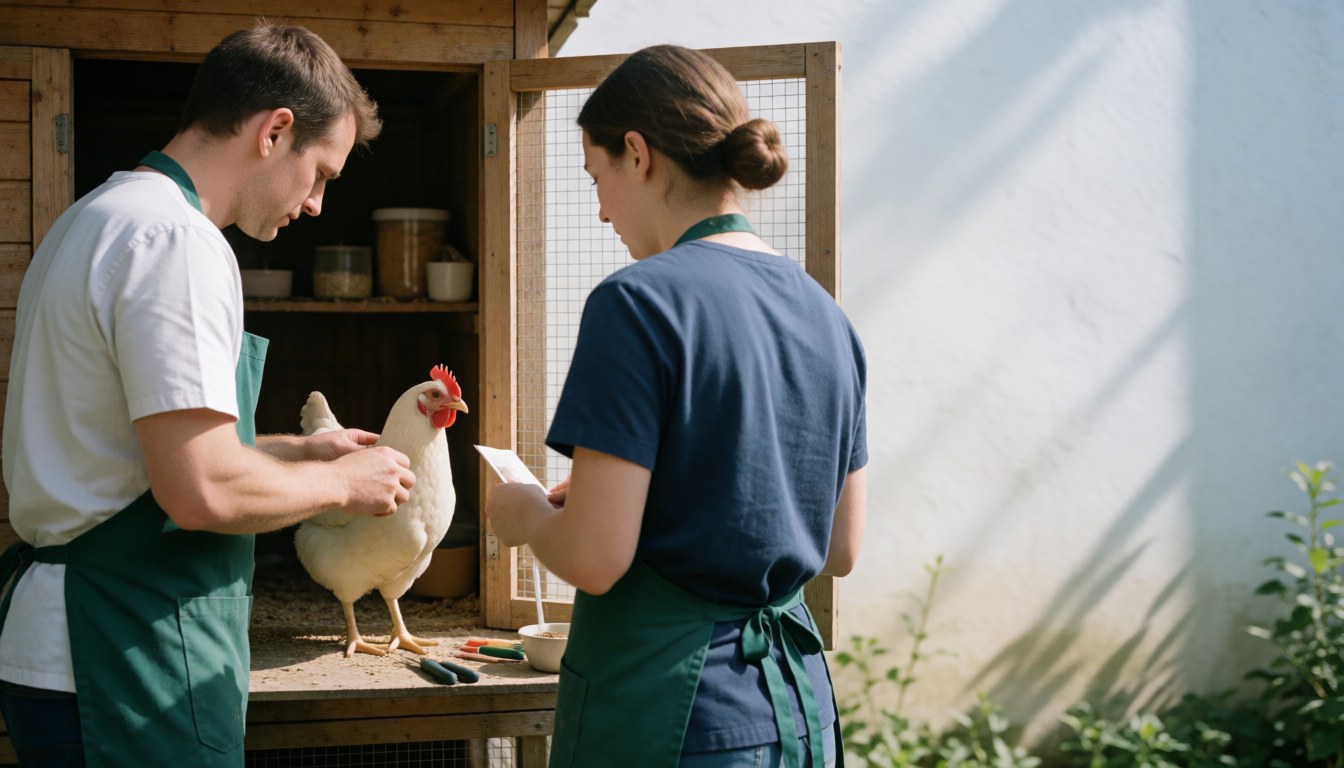 A veterinarian and assistant inspect a hen in a clean, professional outdoor setting with visible veterinary tools.