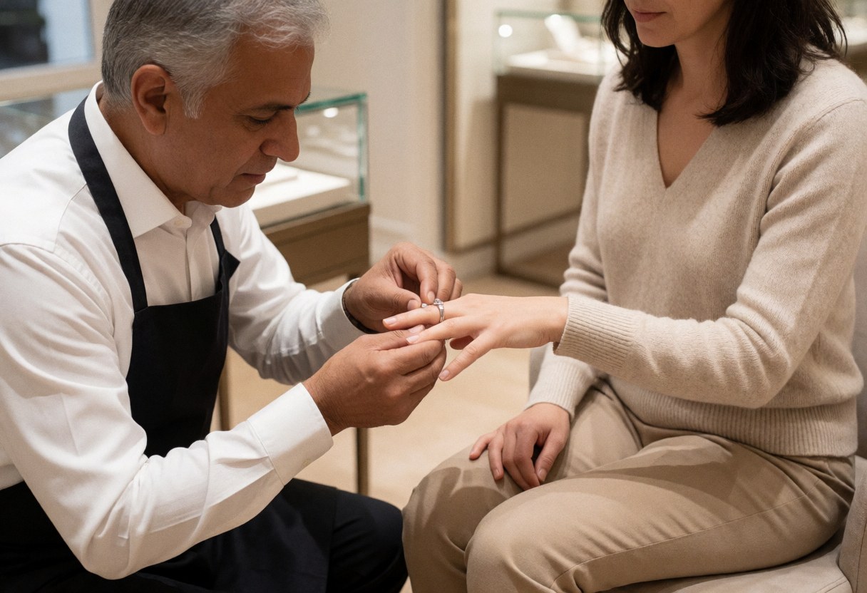 A professional jeweler measures a ring on a seated customer's finger inside a well-lit jewelry store, highlighting personalized service and attention to detail.