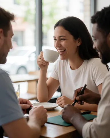 Three people enjoying coffee and conversation at a cafe table, with one person writing in a notebook while others smile and hold cups.