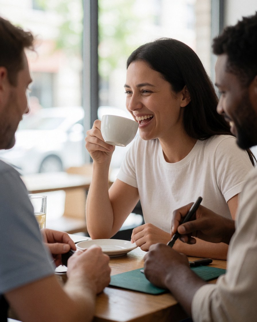 Three people enjoying coffee and conversation at a cafe table, with one person writing in a notebook while others smile and hold cups.