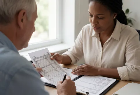 An accountant explains a tax form to a client in an office, both seated at a desk with documents and a pencil.