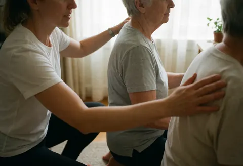 A yoga instructor assists an older woman with shoulder stretches in a bright home setting with natural light and curtains.