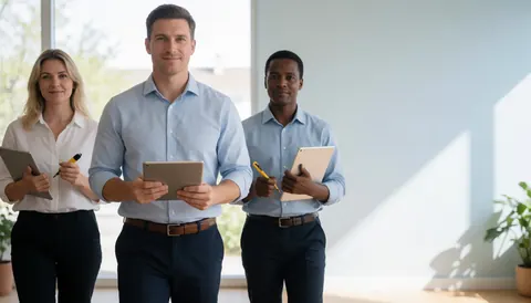 Three IT professionals walk toward the camera in a bright modern office, holding tablets and tools with confidence and professionalism.