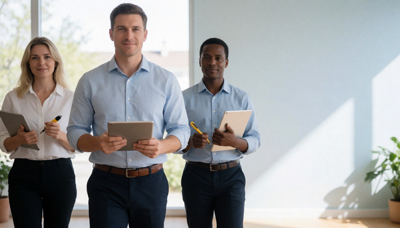 Three IT professionals walk toward the camera in a bright modern office, holding tablets and tools with confidence and professionalism.