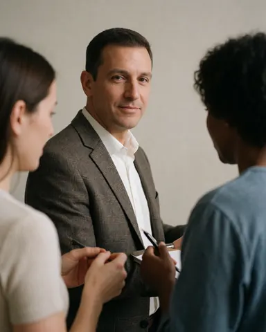 Professor in blazer talking with two students in a university class, one taking notes, the other listening attentively against a neutral background wall.