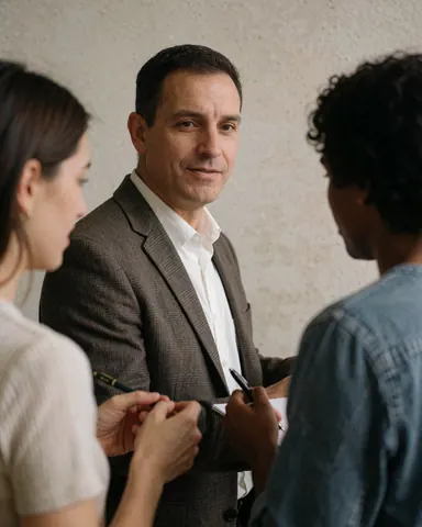Professor in blazer talking with two students in a university class, one taking notes, the other listening attentively against a neutral background wall.