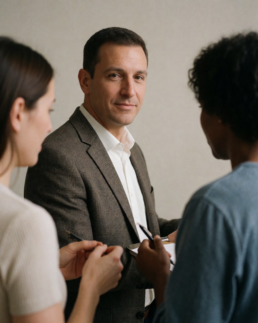 Professor in blazer talking with two students in a university class, one taking notes, the other listening attentively against a neutral background wall.