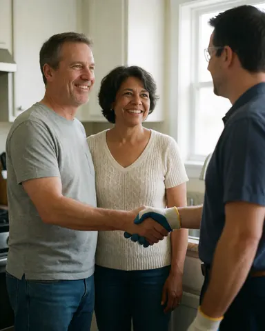 A smiling couple standing in their kitchen expressing gratitude to a professional technician for excellent air conditioning repair and installation service.