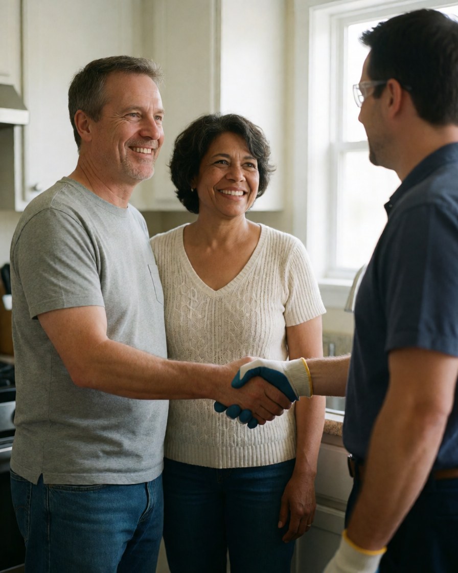 A smiling couple standing in their kitchen expressing gratitude to a professional technician for excellent air conditioning repair and installation service.