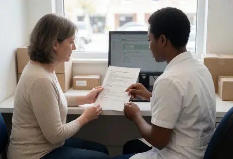 A clinician in an office reviews a document with a seated patient in front of a computer, demonstrating clear professional medical consultation and service.