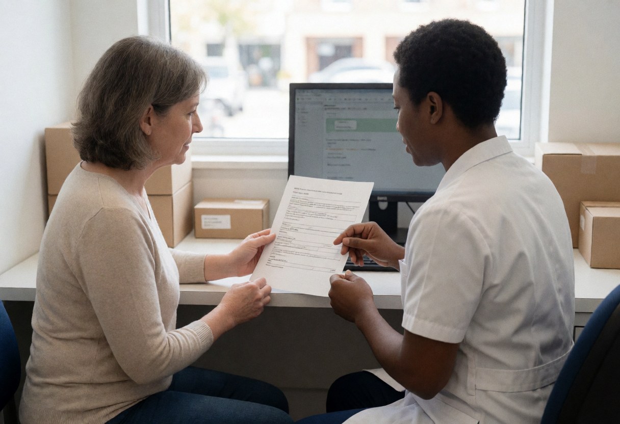 A clinician in an office reviews a document with a seated patient in front of a computer, demonstrating clear professional medical consultation and service.