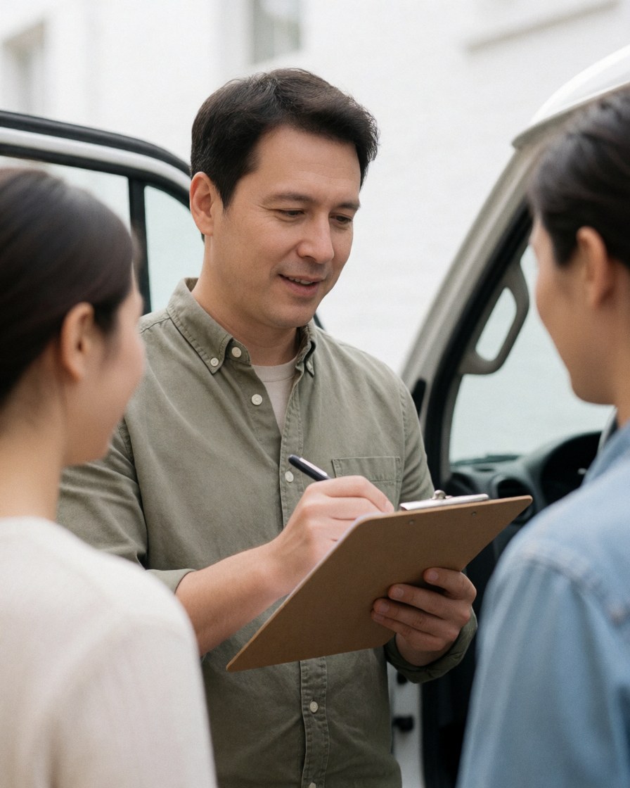 A driving school instructor stands inside a car holding a clipboard while conducting a lesson for a student driver.