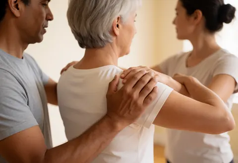 A therapist assists a client with a shoulder stretch in a professional studio while another person observes in the background.