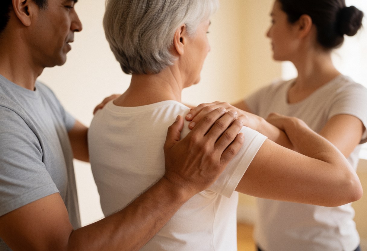 A therapist assists a client with a shoulder stretch in a professional studio while another person observes in the background.