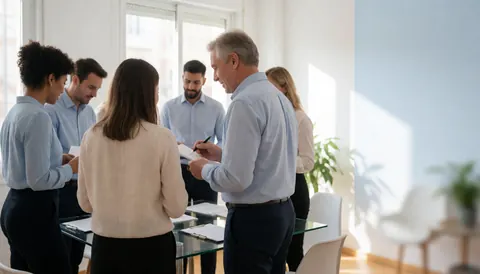 Diverse human resources professionals collaborate around a glass table in a bright, modern office with natural light and plants.