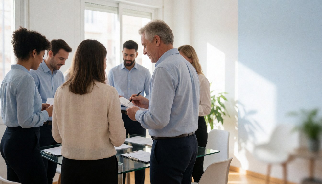 Diverse human resources professionals collaborate around a glass table in a bright, modern office with natural light and plants.