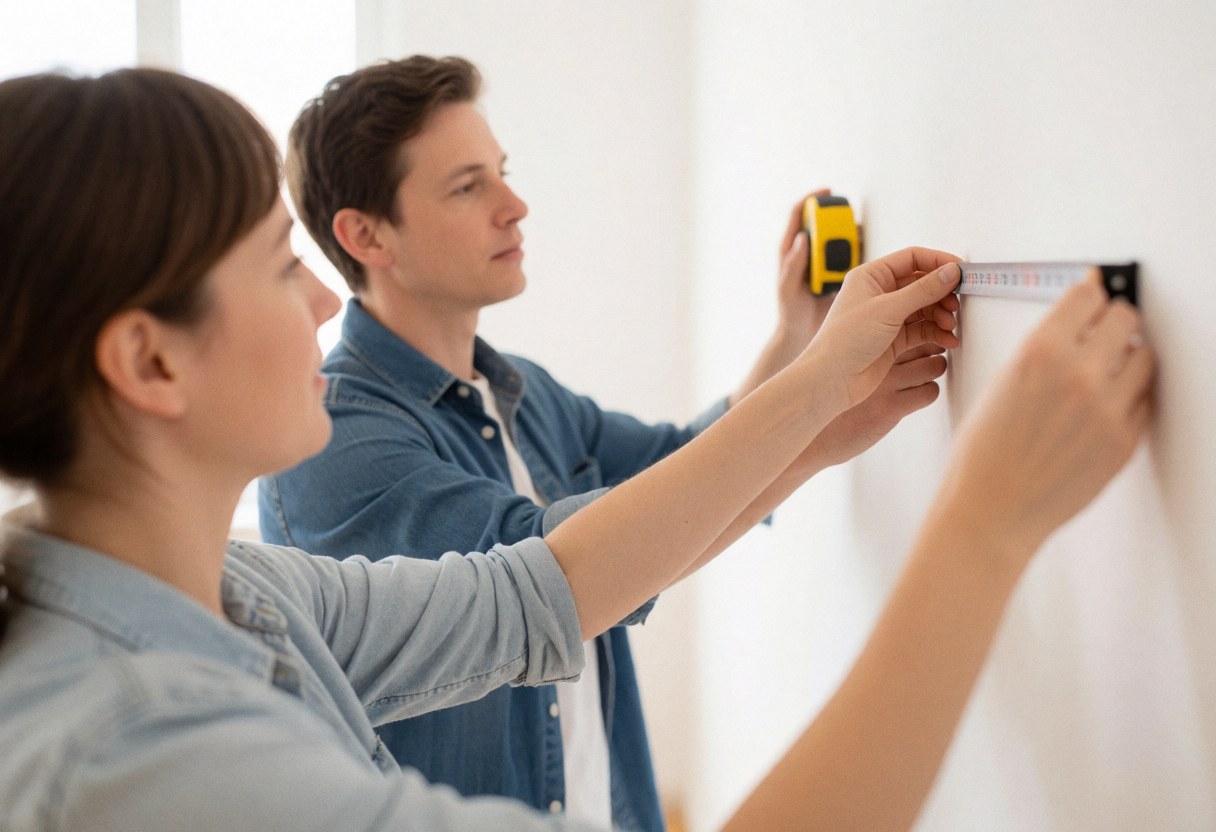A female designer and a man measure a white wall in an empty apartment using a yellow tape measure, dressed in casual denim clothes with morning light.