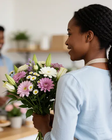 A smiling woman holding a large bouquet of flowers in a shopping bag, looking satisfied with her purchase at a florist shop